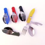 CAMPING  knife spoon fork combo, 4 In 1 Foldable Stainless Steel Bottle Opener, Folding Pocket Kits Outdoor Tableware TOOLS - immagine 2